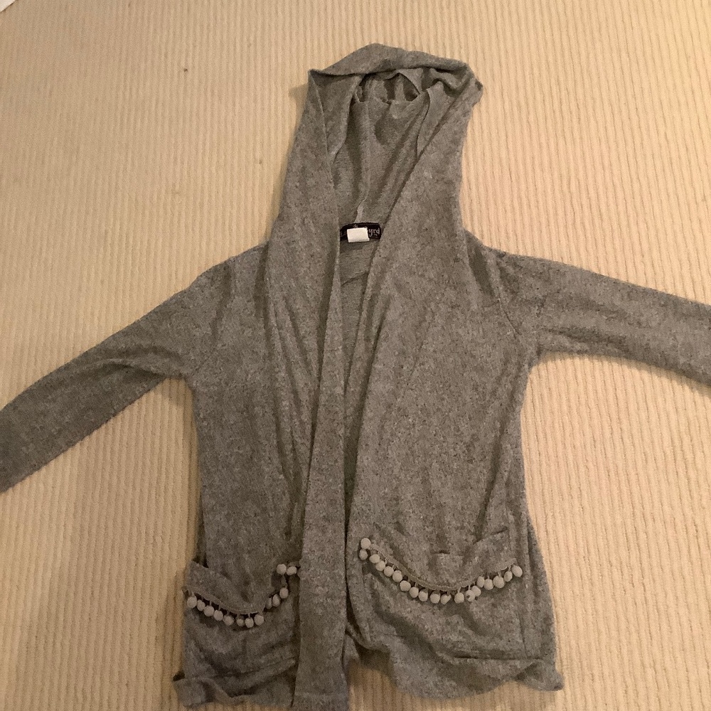 Liza Byrd gray soft Pom Pom hooded sweater